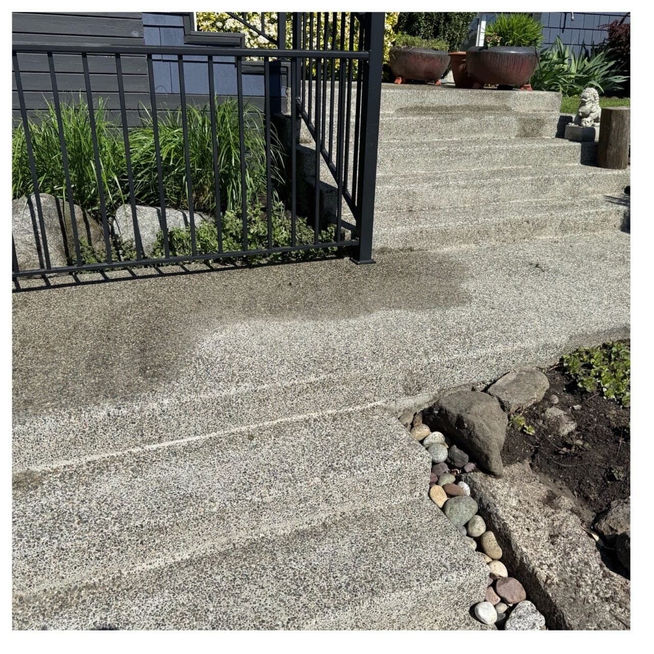 Bright clean concrete garden steps after washing